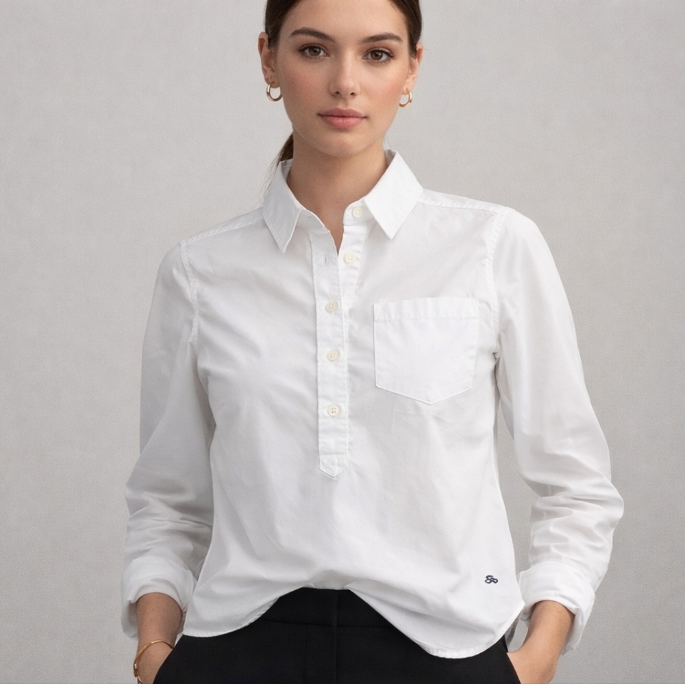 Vineyard Vines White Cotton Popover Blouse Size 8 Preppy Minimalist Whale Logo